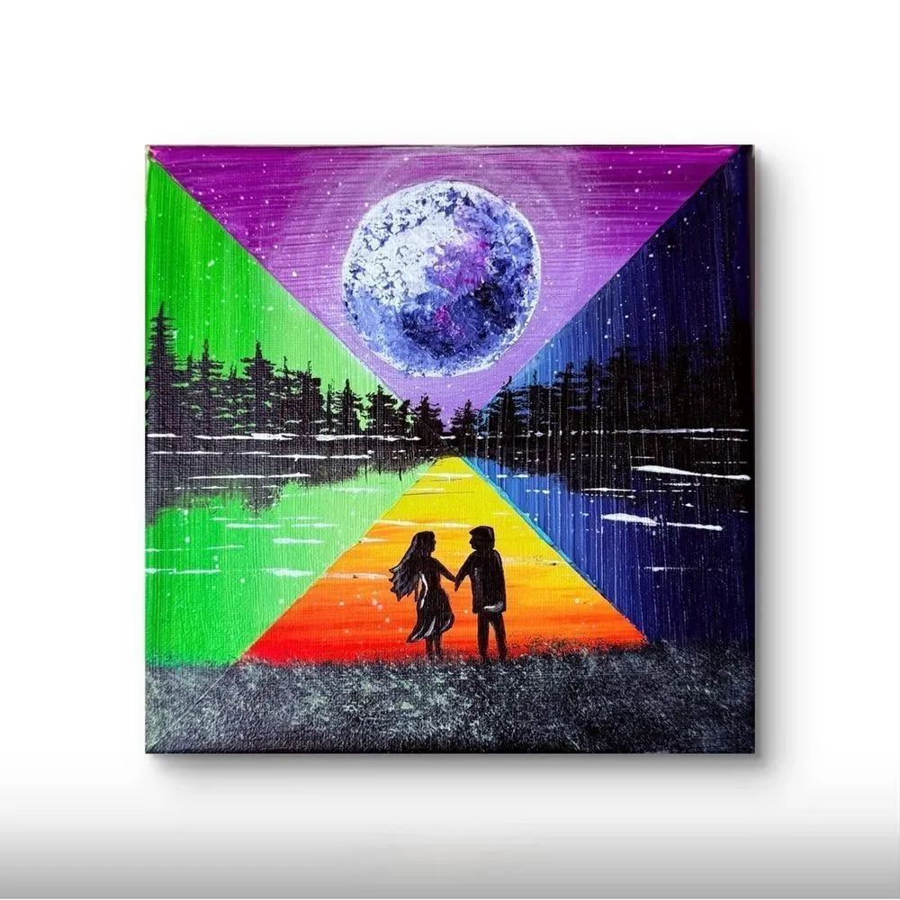 Silhouette Couple Rainbow Path Canvas Wall Art 8*8 inches